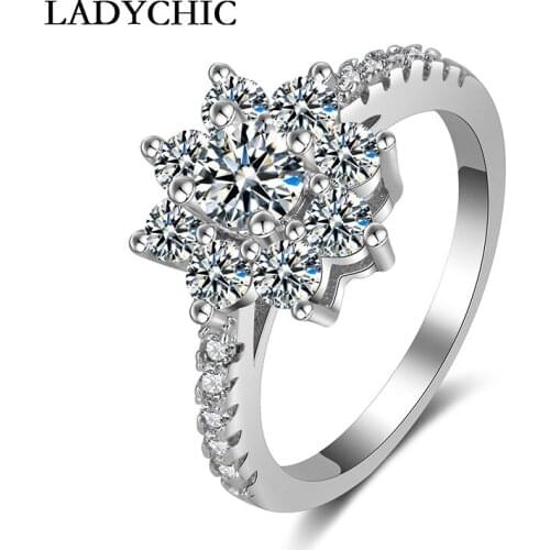 LADYCHIC Fashion Elegant Silver Color Flower Ring Paved 9 Pieces Cubic Zirconia, Women Crystal Jewelry Gift Wholesale LR1030