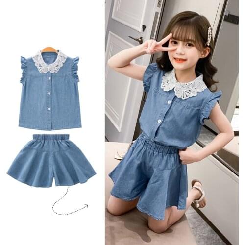 Summer Baby Girls Clothes Set Sleeveless Lace Collar T-shirt Tops+Denim Shorts Suits Casual Outfits Sets
