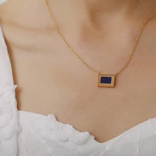 2021 New Art Oil Painting Luxury Tarnish Free Stainless Steel Chain Geomertic Square Lapis Lazuli Pendant Necklaces for Women