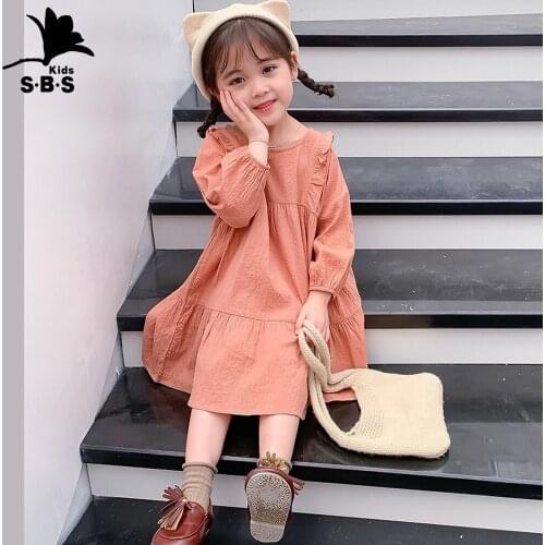 2019 Autumn New Arrival Girls Dress Long-sleeved Pure Color Cotton Loose Small Childrens Dress High Quality Casual Dress