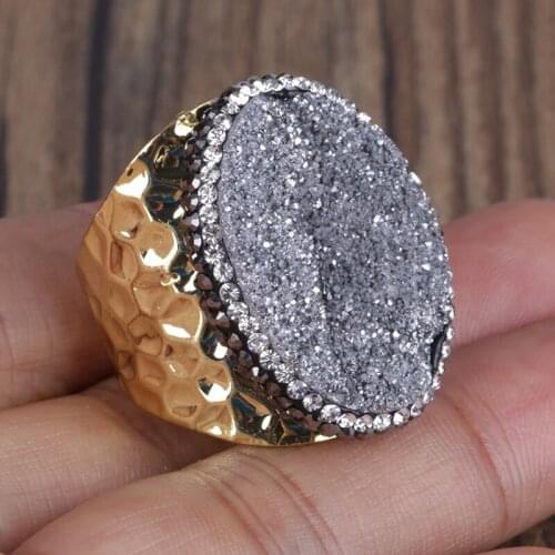 Oval shape rough druzy drusy semi precious stone pave white black rhinestone hammered open ring cuff for women man