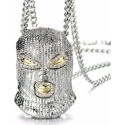Hip Hop CSGO Pendant Necklace Rock Style Bling Ice Out Rhinestone Gold Color Black Mask Head Charm Men Jewelry Gift
