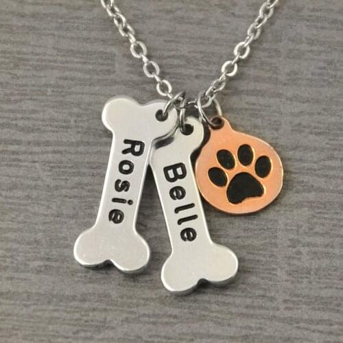 Personalized Dog Necklace,Bones and Dog Paw Print Collar,Custom Bone Charm