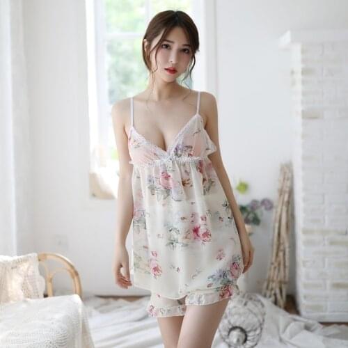 2 Piece Sexy Pjs Printed Pajamas for Women Shorts Pijamas Chiffon Sleepwear V Neck Tops Nightwqear Summer Nighty
