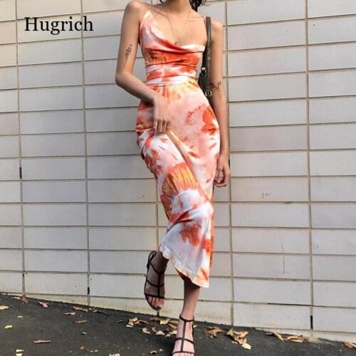 Tie Dye Print Fashion Sexy Backless Lace Up Midi Dresses Sleeveless Club Party Holiday Spaghetti Strap Sundress