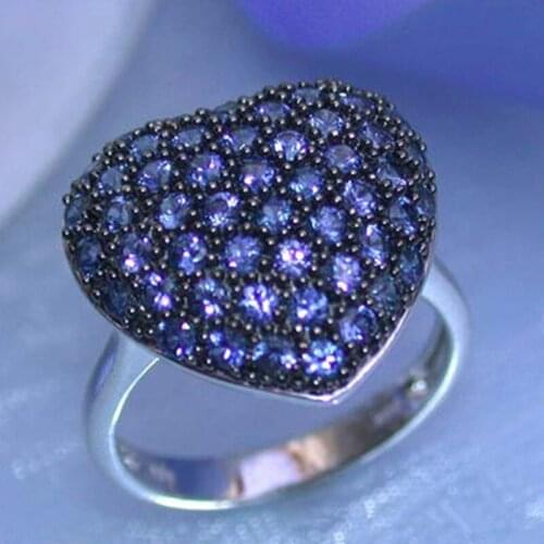 Luxury Fashion Silver Plated Blue Crystal Heart Wedding Ring Gems Zircon Cocktail Party Womens Ring Bridal Engagement Jewelry