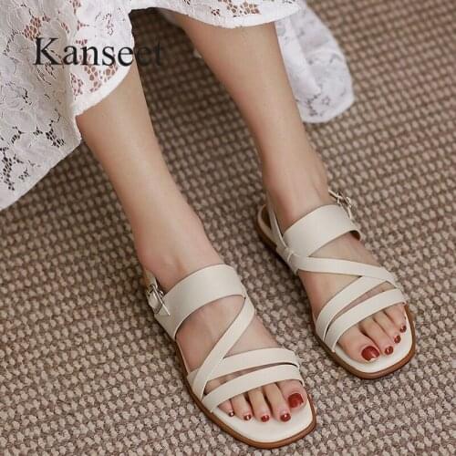 Kanseet 2021 New Arrival Women Sandals Summer Open-toed Genuine Leather Handmade Roman Style Buckle Strap Fashion Low Hees Shoes