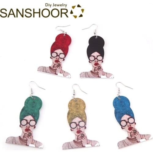 SANSHOOR African Headwrap Mami Wooden Earrings Rasta Woman Pattern With Silver Plated Hooks As Christmas Gifts For Women 2Pairs
