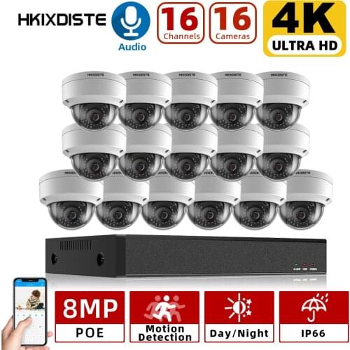 HKIXDISTE 16CH NVR 8MP Dome POE IP Camera NVR Kit Outdoor Security System Explosion proof Weatherproof H.265 4K Output P2P ONVIF