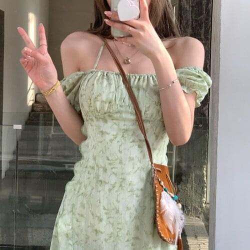 Korean Fashion Beach Sundresses for Women Summer 2021 Short Sleeve Vintage Midi Dress Females Bandage Design Casual Floral Dress