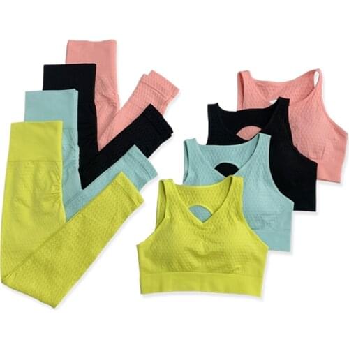 Solid Women Yoga Sets Fitness Sports Pants Tank Top Bras Suits Gym Wear Seamless Mesh Leggings Running Clothing Tracksuits,ZF483