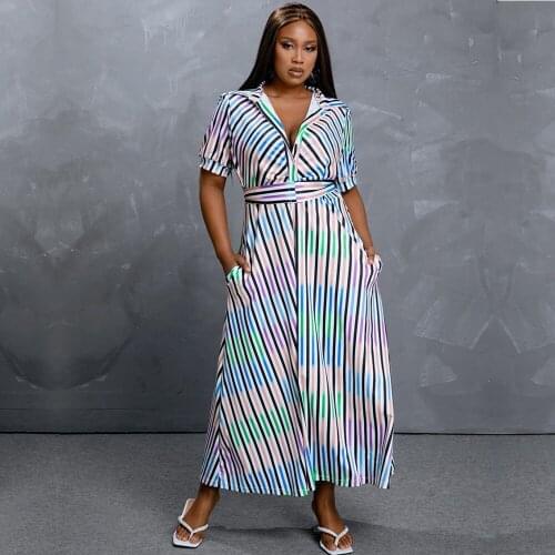 Women Striped Print Loose Shirt Maxi Dress Hot Selling Summer Turn-down Collar Short Sleeve Single-breasted Ankle-Length Dresses