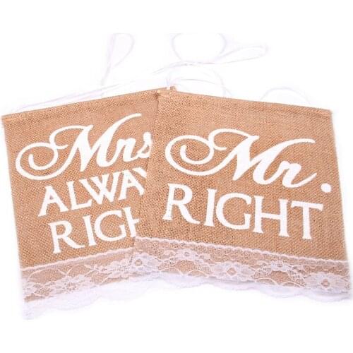 2 Pcs Khaki Wedding Party Khaki Mr Right & Mrs Always Right Pattern Chair Sign Bunting Banner Rustic Lace Decor Burlap