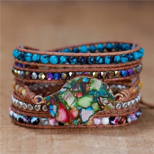 5 Strands Multi Colors Natural Stone Charm Leather Wrap Bracelet Boho Crystal Beaded Statement Bracelet Boho Jewelry Wholesale