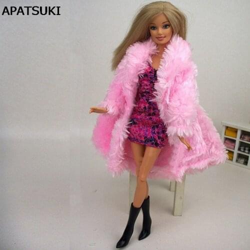 Doll Accessories Winter Wear Warm Pink Fur Coat Clothes For Barbie Dolls Fur Doll Clothing For 1/6 BJD Doll Kids Toy