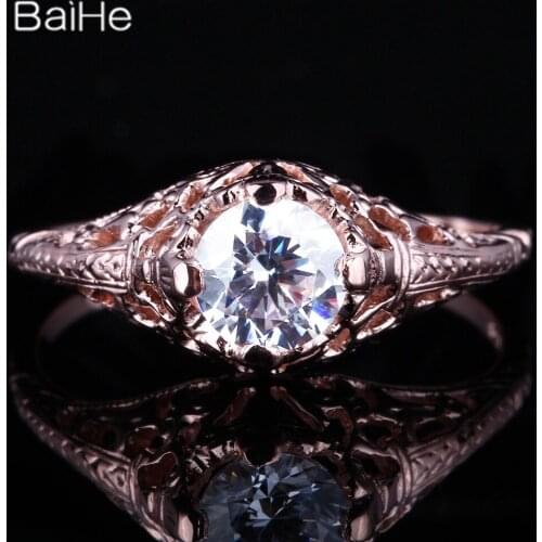 BAIHE Solid 14K Rose Gold 1.2CT Genuine AAA Graded Cubic Zirconia/Flawless circular Wedding Women Trendy Cubic Zirconia Ring