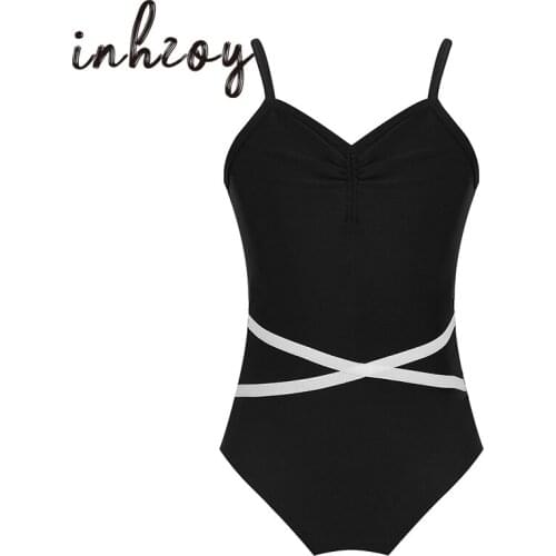 Kids Girls Dance Wear Fitness Gymnastics Leotard Black Sleeveless Drawstring Ruched Stripes Bodysuit Children Ballet Costume