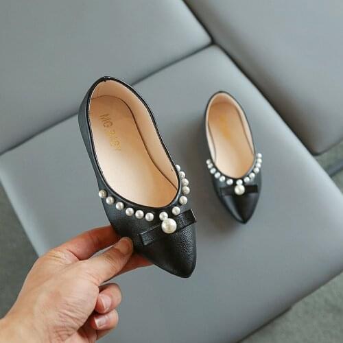 Kids Pearl Leather Shoes Autumn New Girls Bow Princess Shoes Fashion Sweet Cute Girls Soft Flat Casual Shoes G225