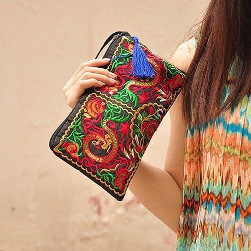 Women Handbag Purse Retro Embroidered Phone Coin Storage Zipper Bag with Tassel