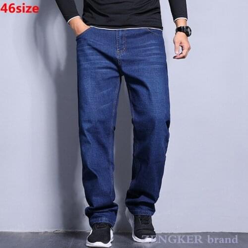 High stretch jeans mens straight loose plus size fat large mens black long pants blue zipper 42 44 46