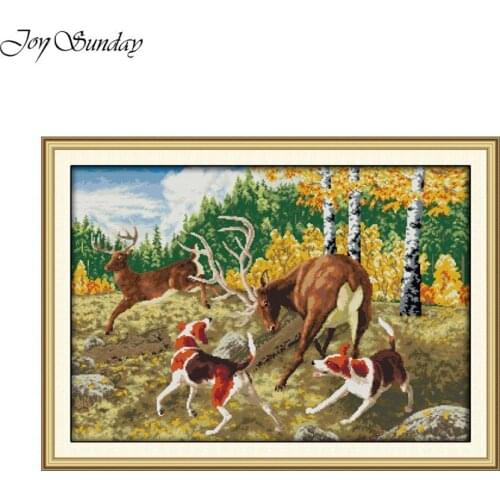 Joy Sunday Chinese Cross Stitch Kits Embroidery Needlework Sets Printed Animals Patterns Hound and Elk DMC 11CT 14CT Home Decor