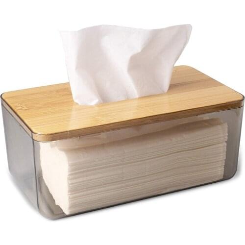 Minimalist Tissue Box Cover Holder, Modern Transparent Rectangular Bamboo Facial Tissues Dispenser for Bathroom, Bedroom