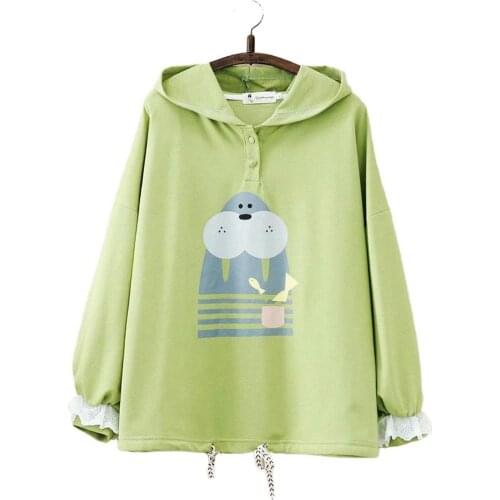 Korean Preppy Style Casual Student Wear Cartoon Seal Print Hoodies Girls Long Sleeved Hoody Sweatshirts Harajuku Pullovers
