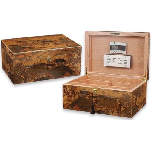 Chinese style high gloss paint Cigar Box Cedar Wood carving pattern Humidor Electronic Hygrometer Key lock Fathers Day Gifts