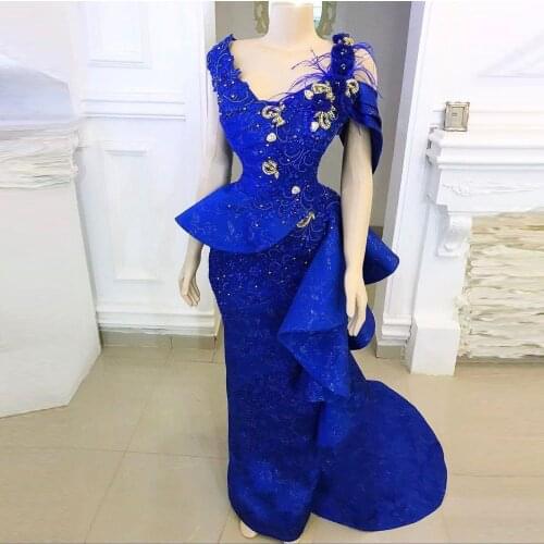 Royal Blue Aso Ebi Prom Dresses Peplum Ruffles Beads Crystals Lace Meramid Evening Gowns Saudi Arabic robes de soirée