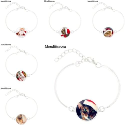 Mendittorosa Retro Style Jewelry With Plated Glass Cabochon Black Leather Bracelet Bangle For Women Cute Christmas Cat