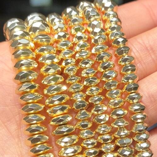 Natural Faceted Stone 9k Gold Hematite Stone Flat Round Loose Spacer Beads For Jewelry Making DIY Bracelet Accessories 4 6 8mm