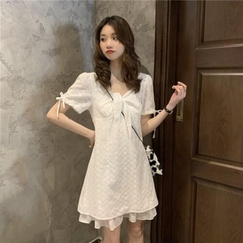 2021 New Retro French Dress Square Collar Ladies White Dress Summer Korean Little White Dress Dresses Women