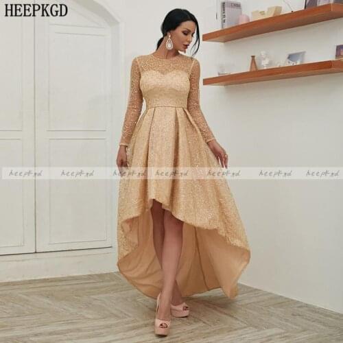 New Arrival Champagne Glitter High Low Long Sleeves Prom Dresses Shiny A Line See Through Back Sexy Arabic Evening Party Gowns