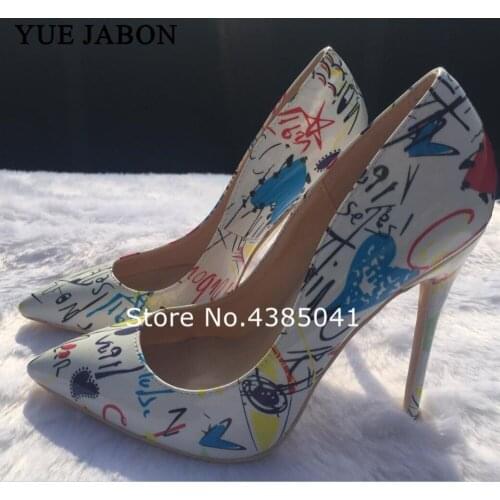 Hot Woman Sexy High Heels Spring Wedding Party Women Shoes Stiletto White Heart Graffiti Colorful Women Pumps sapato feminino
