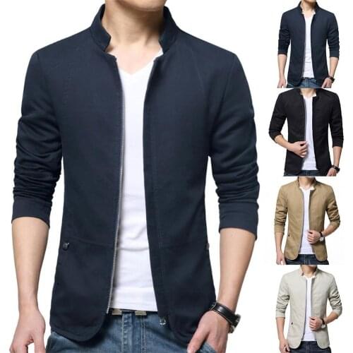 Casual Men Autumn Solid Color Stand Collar Zipper Pockets Thin Slim Blazer Coat