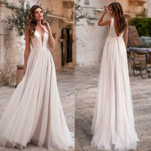 Attractive Flower Deep V Neck Wedding Dresses Sexy Beaded Sleeveless Bride Wedding Gowns Backless 2021 Bridal Vestido de Noiva