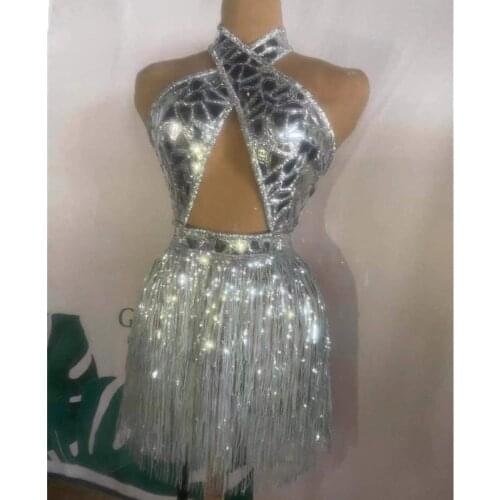 Halter Backless Hollow Silver Tassel Sequins Mini Dress Women Singer Dancer Stage Wear Birthday Party Nightclub Bar Show Costume