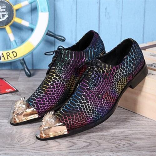 Christia Bella Multicolor Serpentine Genuine Leather Mens Party Derby Shoes Golden Bullock Carved Male Nightclub Oxfords Shoes