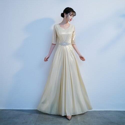 Champagne V-Neck Evening Dress Half Sleeves Empire Appliques Luxurious A-Line Floor-Length New Woman Formal Party Gowns A1295