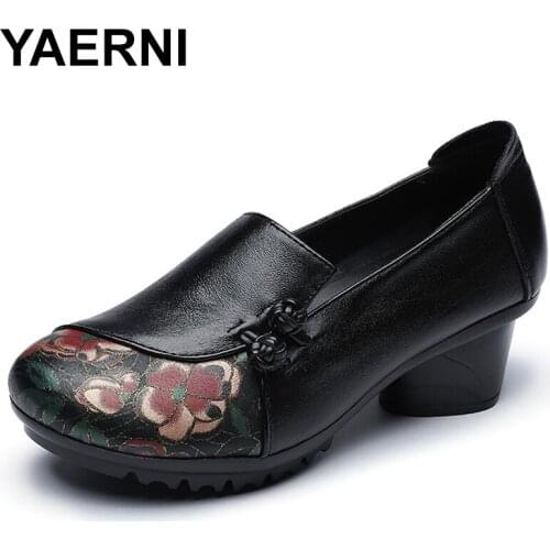 YAERNI 2020 Spring Autumn National Style Women Pumps Flower Printing Round Toe Genuine Leather Women Chunky Heel Shoes Plus Size