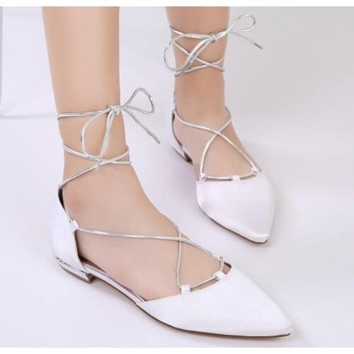 Creativesugar pointed toe lady satin evening dress shoes flats Rome style silver strap lace up bridal wedding prom party shoes