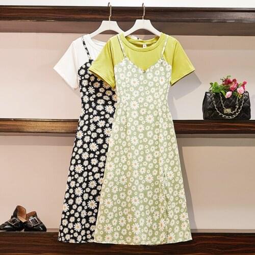 Large size womens clothing summer 2021 new fat sister Korean fashion fake two piece splicing long slit dress