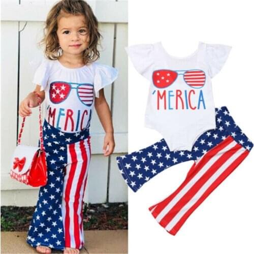 1-5 Years Girls Clothes Glasses Print Short Sleeve T-Shirt For Girls Independence Day American Flag Long Pant Girls Set Kid Suit