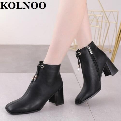 KOLNOO New Style Ladies Chunky Heeled Boots Lace-Up Square-Toe Faux-Leather Party Prom Ankle Booties Winter Fashion Short Shoes