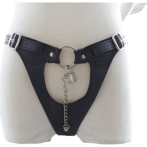 Women Chastity Belt Pants Open Crotch Chain Sexy Panties Bdsm Bondage PU Leather Thong Lingerie Exotic Briefs Female Underwear