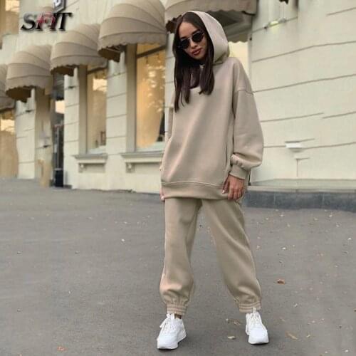 Two Piece Set Casual Fleece Tracksuit Women Winter 2021 Womens Sets Oversized Hooded Long Sleeve Hoodie Sport Pants Lady Suit