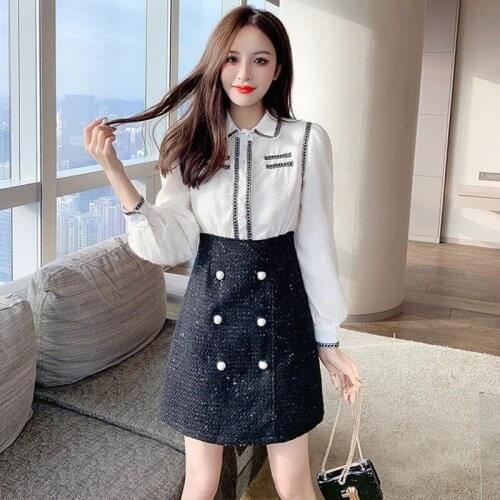 2021 Spring Korean Chic Fashion Vestidos Autumn Elegant Femme Fake Two Piece Dress Long Puff Sleeve Tweed Patchwork Woman Dress