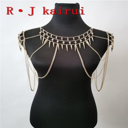 New RJBY28 Gold Chains Neck Shoulder Beads Plastic Rivets Body Jewelry Unique Top Costume Jewelry 2 Colors