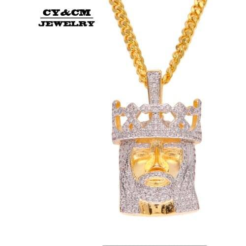 CY&CM Iced Out Micro Pave AAA Cubic Zirconia Crown Jesus Head Pendant Gold Color Royal King Hip Hop Religious Pendant Necklace