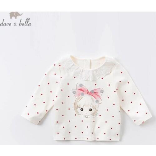 DBJ14385 dave bella autumn baby girls dots cartoon T-shirt children tops girls cute button kids fashion tees